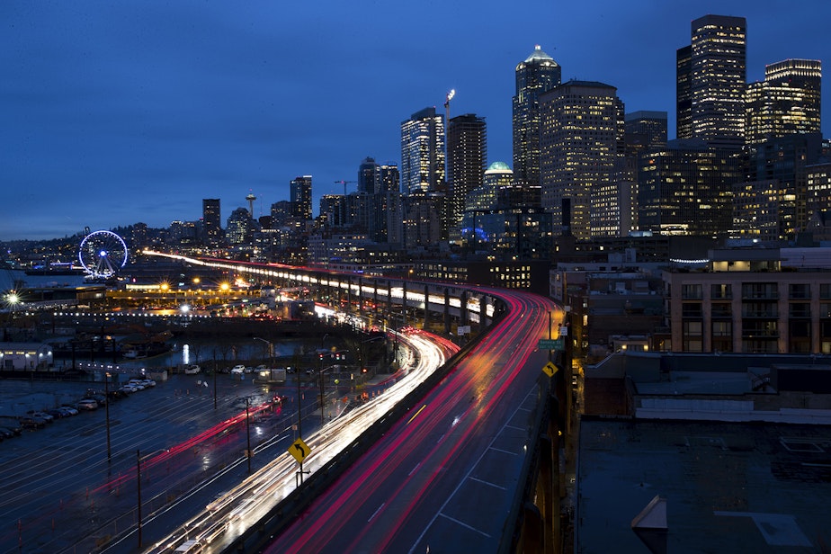 caption: Rush hour traffic is shown along the Alaskan Way Viaduct on Wednesday, January 9, 2019, in Seattle.