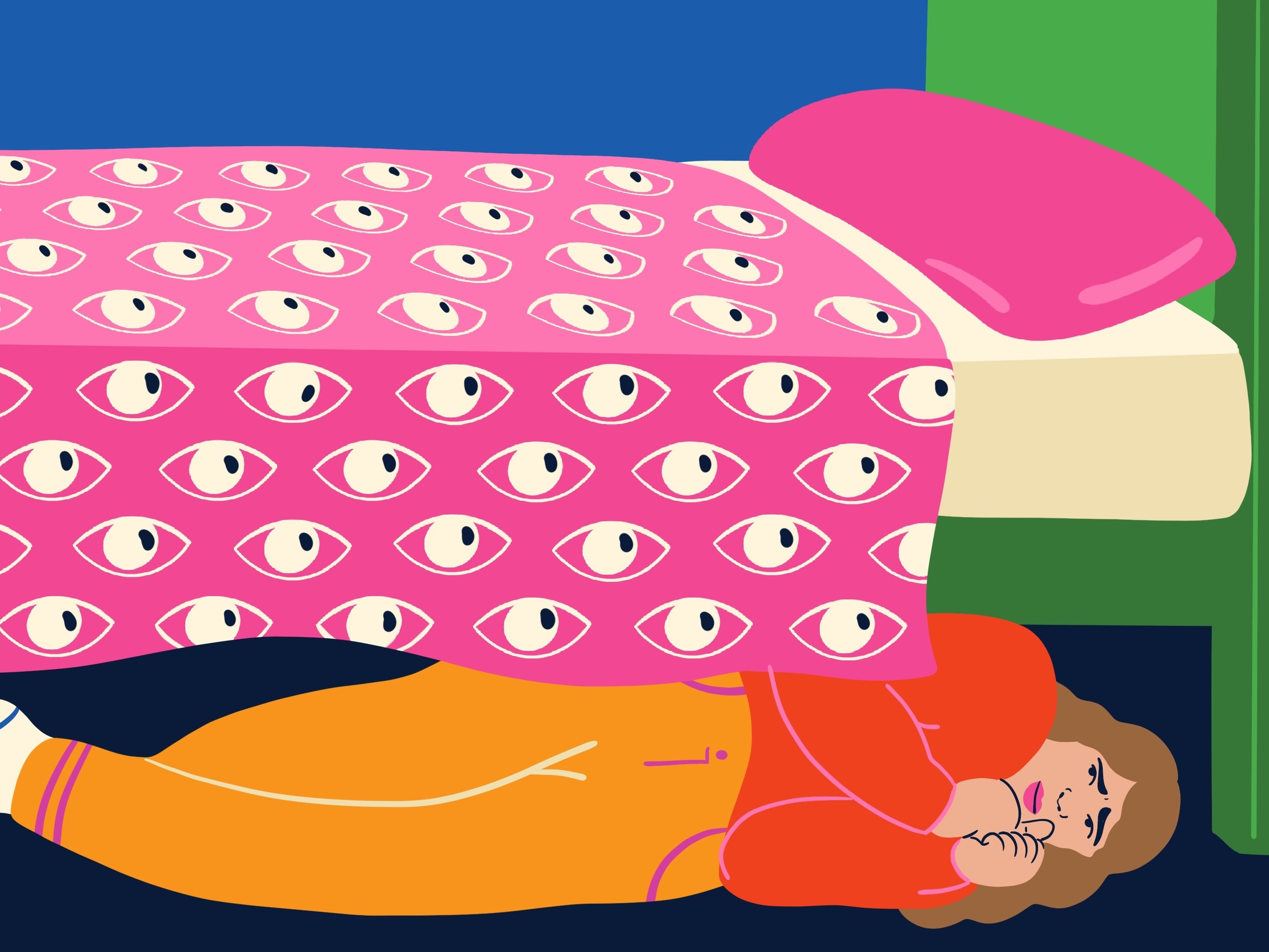 Illustration of a woman hiding under her bed in an attempt to avoid facing the things she's dreading. Her pink bedspread is covered with eyes that seem to be watching her and magnifying her dread.