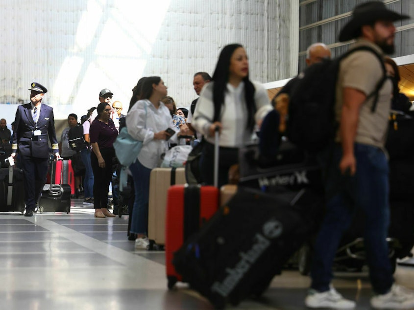 caption: Travelers and their luggage in a terminal at Los Angeles International Airport in August 2023.