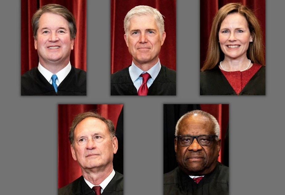 caption: These five conservative Supreme Court justices are reportedly prepared to overturn <em>Roe v. Wade </em>this summer, according to a draft majority opinion published Monday by Politico. Top: Brett Kavanaugh (from left), Neil Gorsuch and Amy Coney Barrett. Bottom: Samuel Alito (left) and Clarence Thomas. From a group photo of the justices at the Supreme Court on April 23, 2021.<strong> </strong>