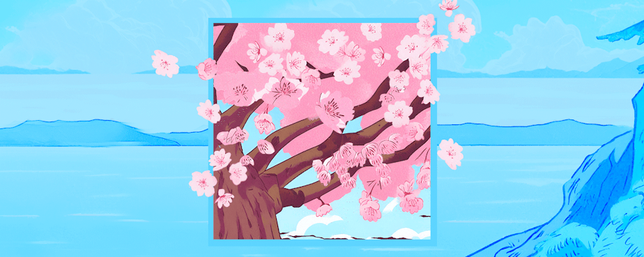 caption: Animation of cherry blossoms being trimmed back against a blue backdrop of the Puget Sound. Reference illustrations courtesy of Canva.