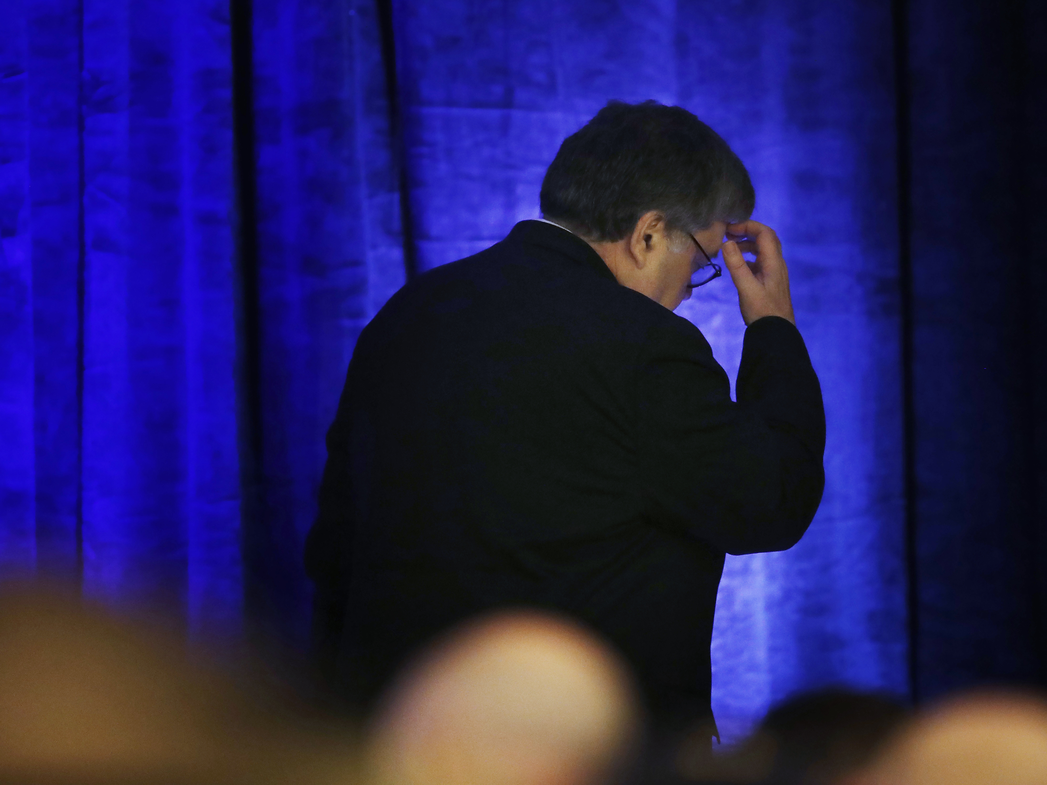 caption: Attorney General William Barr after a speech to the International Association of Chiefs of Police Officer Safety and Wellness Symposium on Feb. 27 in Miami.