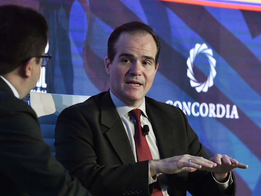 caption: Mauricio Claver-Carone, nominated to head the Inter-American Development Bank, speaks with Ricardo Ospina of Caracol TV at the 2019 Concordia Americas Summit in Bogotá, Colombia.