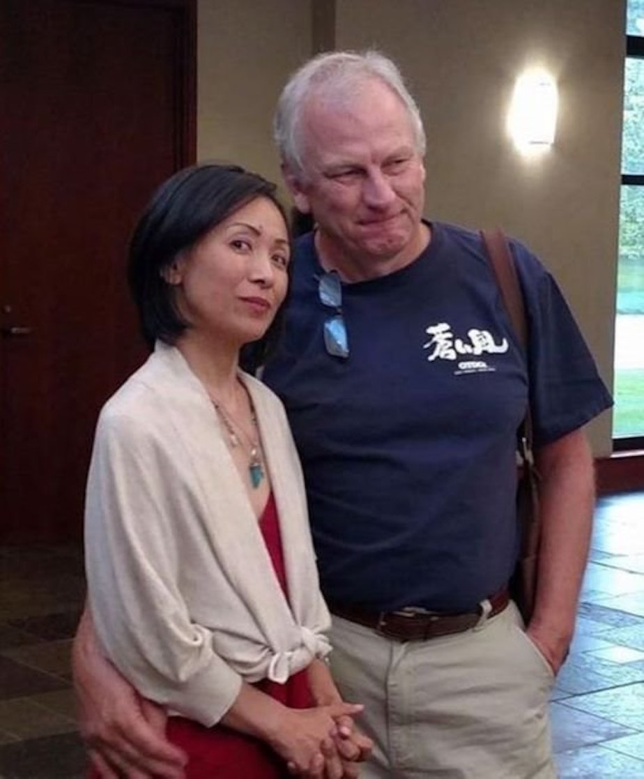 caption: Rose Sachiko Callahan looks into the camera with her partner, Steve Schoettmer. When Rose passed away of color cancer, Steve decided to run for office to fight for Medicaid in Indiana.