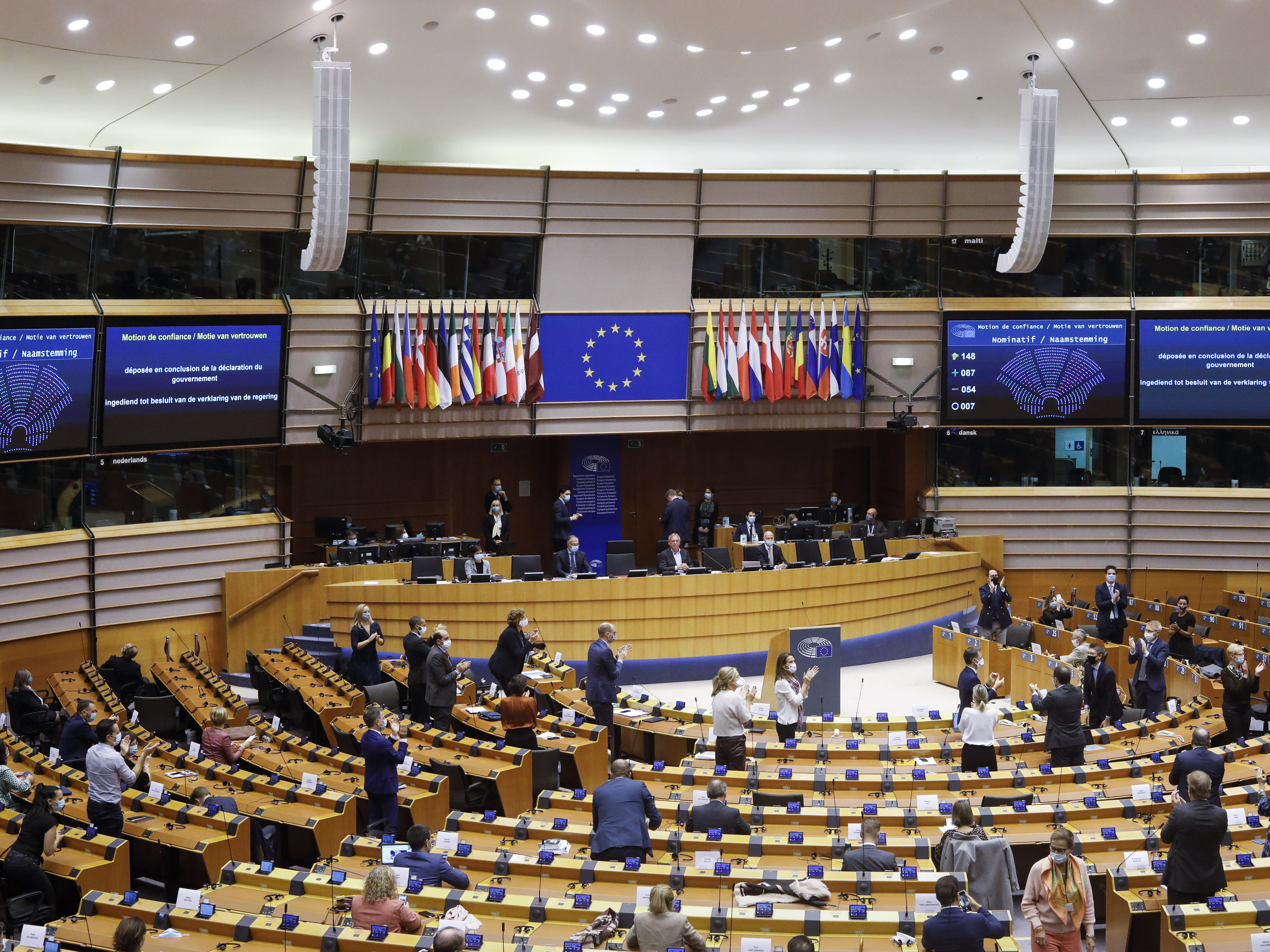 caption: Elections for many national governments and the European Parliament, seen here in Brussels in 2020, will take place in 2024. Experts warn that these elections are ripe targets for bad actors seeking to disrupt democracy.