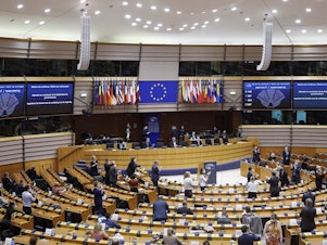 caption: Elections for many national governments and the European Parliament, seen here in Brussels in 2020, will take place in 2024. Experts warn that these elections are ripe targets for bad actors seeking to disrupt democracy.