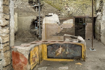 caption: A fast-food eatery — or thermopolium — discovered at Pompeii has been completely excavated, helping to reveal some top dishes of the ancient Roman city. The site is about 18 miles southeast of Naples, Italy.