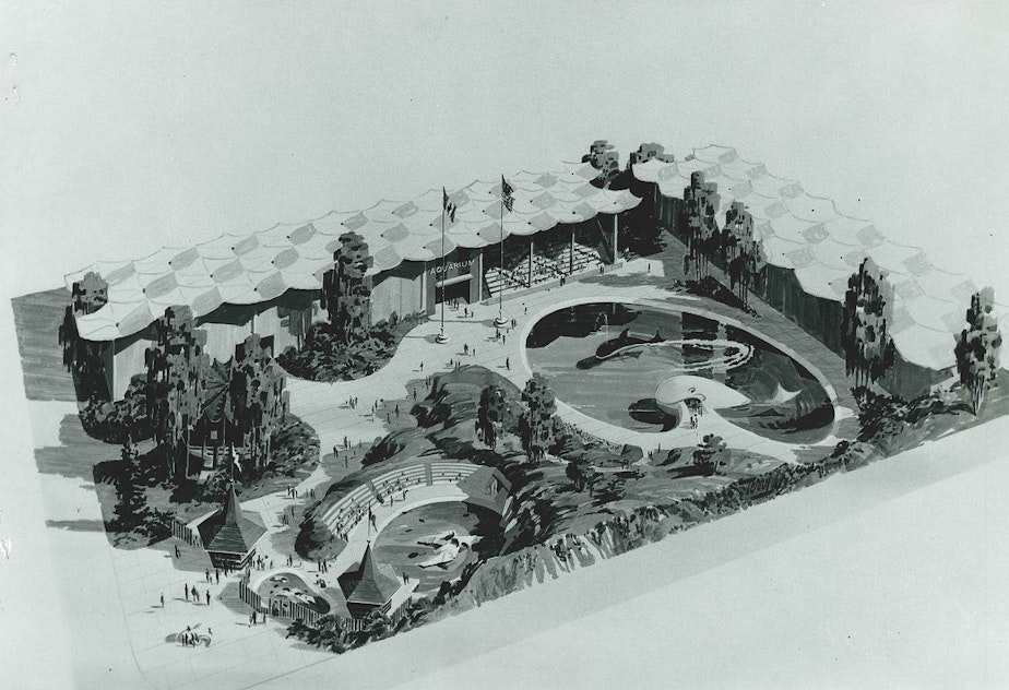 caption: Proposed 'marine park' at Seattle Center, 1966