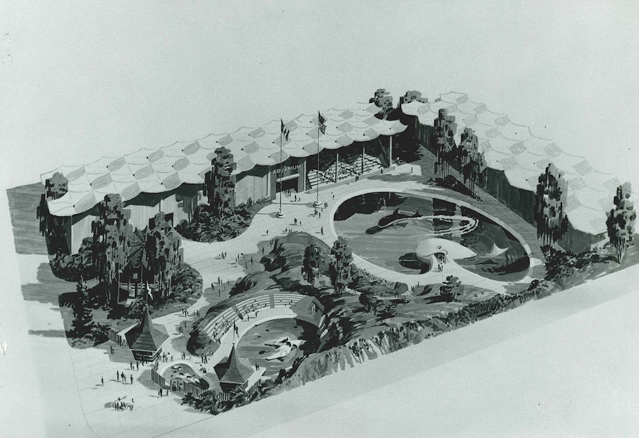 caption: Proposed 'marine park' at Seattle Center, 1966