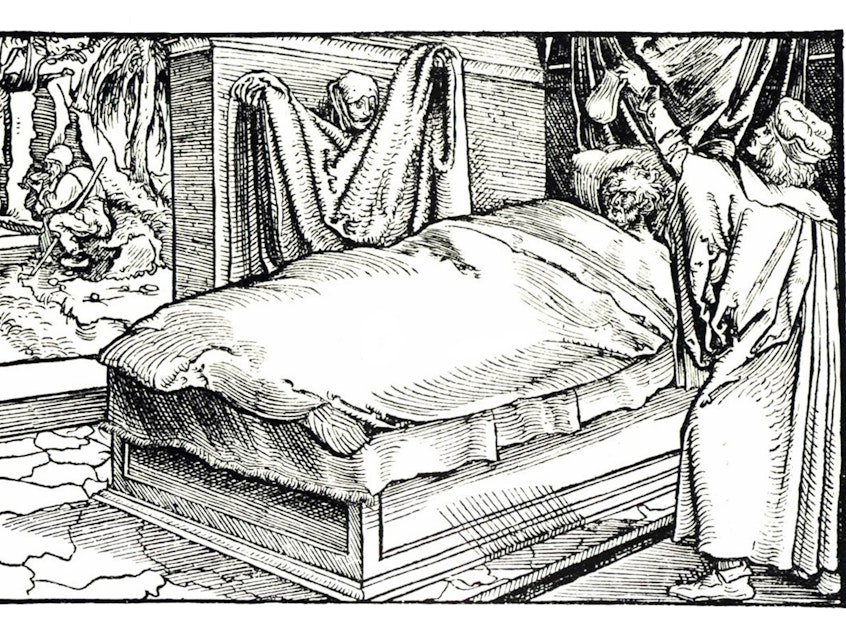 caption: A woodcut from the 15th century depicts a patient suffering with the bubonic plague, known as the Black Death. The disease killed an estimated 50 million people in Europe between 1346 and 1353.