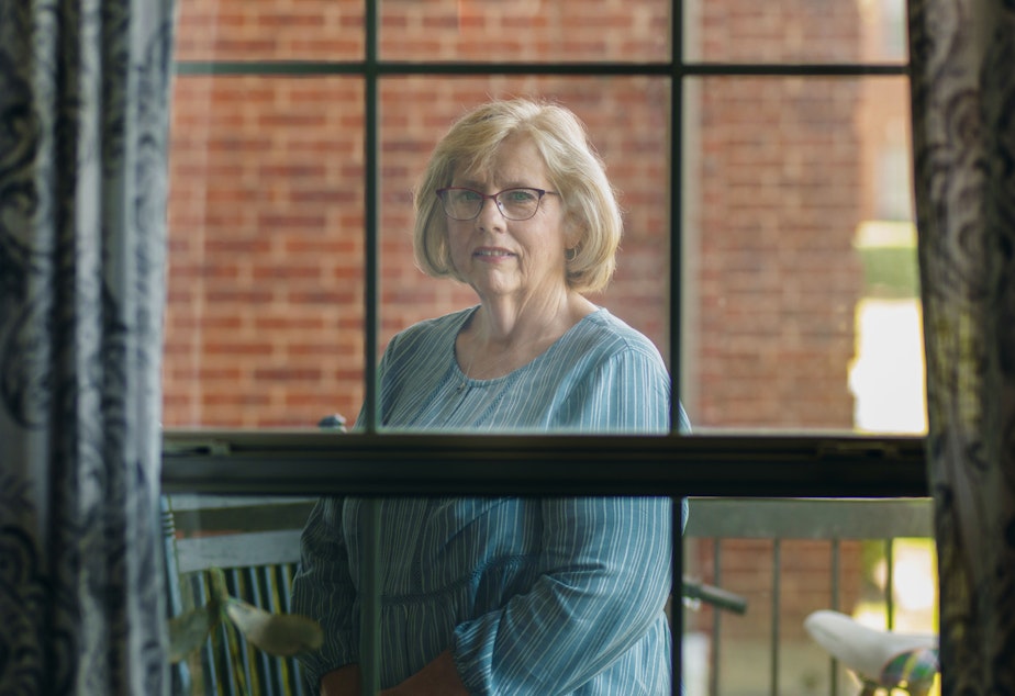 caption: Luann Thibodeau recently celebrated her 40th anniversary with her husband, Jeff. They ate dinner from Olive Garden while she remained on the other side of his nursing room window. The Thibodeaus have not been in the same room since mid-March when visitors were banned from nursing homes to slow the spread of the coronavirus.