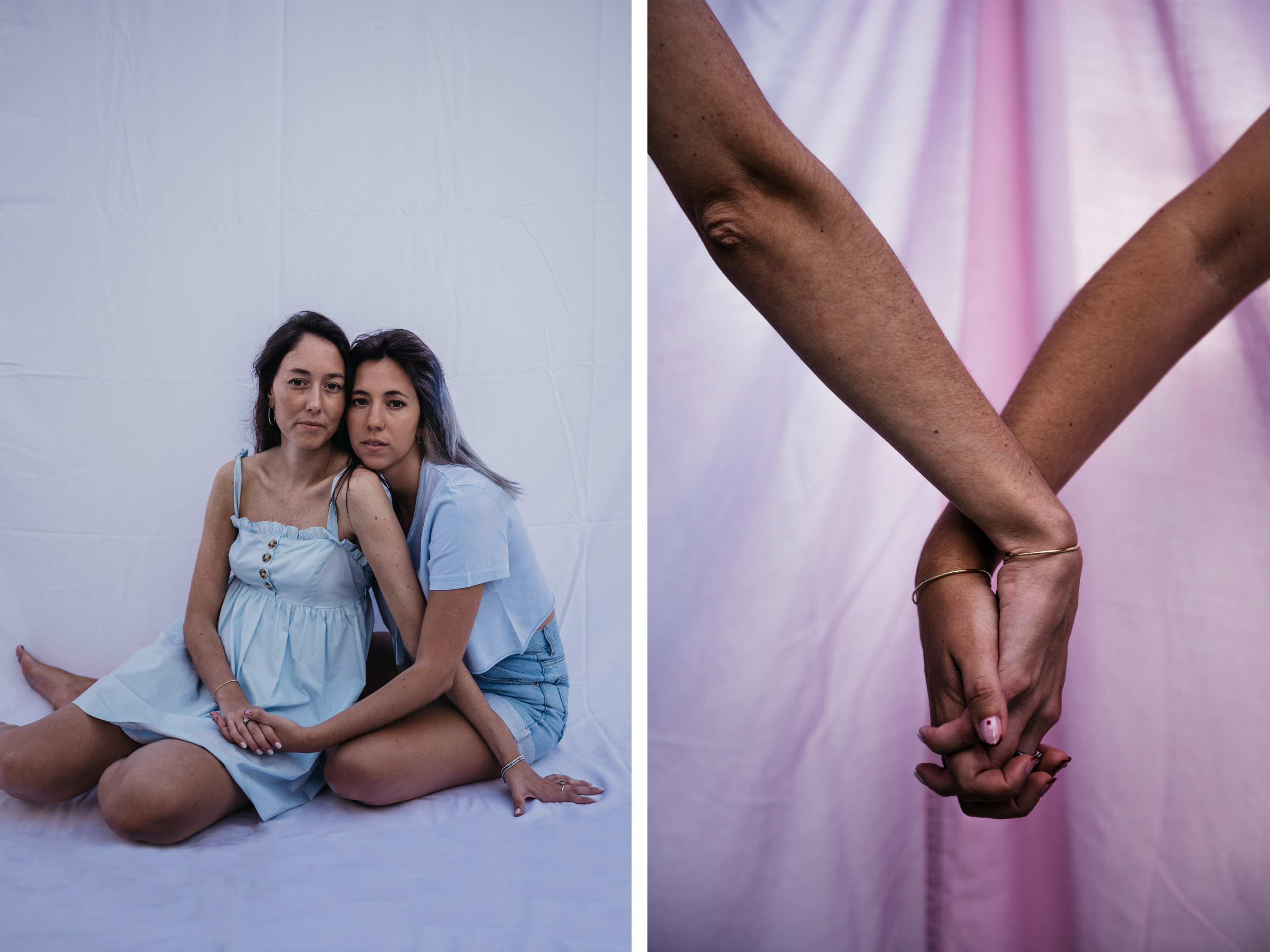 caption: <strong>Izquierda: </strong>Carolina Fatta (vestido azul) y Agustina Cecilia Buratti. <strong>Derecha</strong>: "Las dos llevamos una pulsera de oro desde el día que nos bautizaron juntas," dice Fatta.