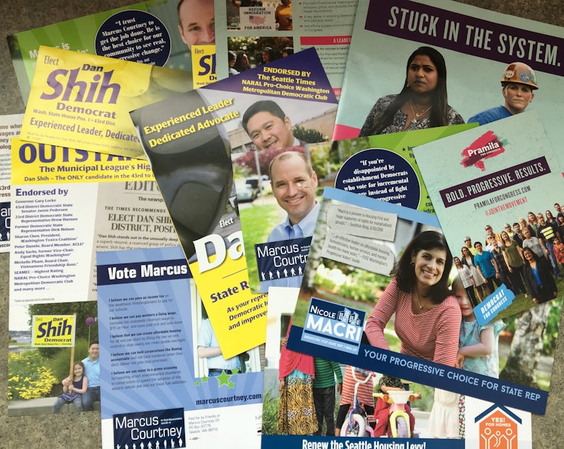 caption: A sampling of the many political ads that have landed in one reporter's Seattle mailbox this summer.