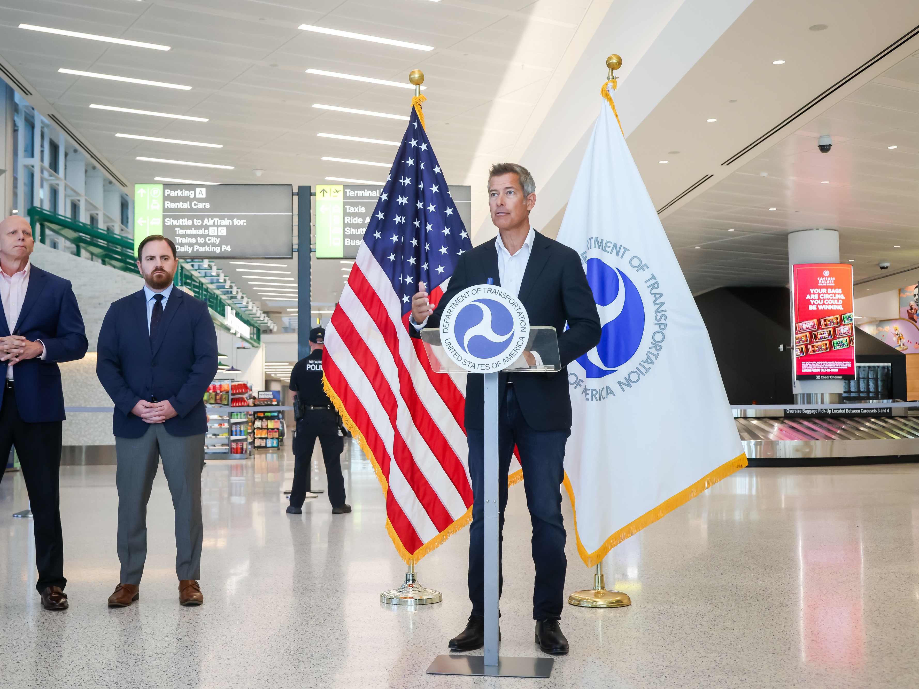 caption: Transportation Secretary Sean Duffy speaks during a press conference at Newark Liberty International Airport in New Jersey on Monday.