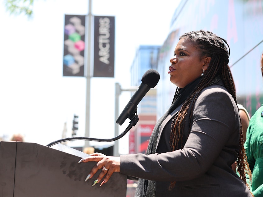 caption: Representative Cori Bush speaks during a press conference held by Just Majority on May 8, 2023 in St Louis, Missouri.