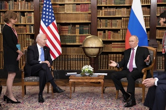 caption: President Joe Biden and Russian President Vladimir Putin meet during the U.S.-Russia summit at Villa La Grange on June 16, 2021 in Geneva, Switzerland.