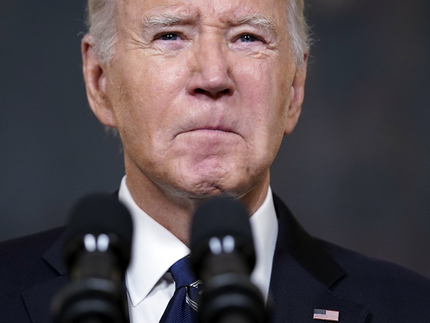 caption: President Biden is pictured at the White House on Oct. 10, giving remarks about the attack by Hamas on Israel.