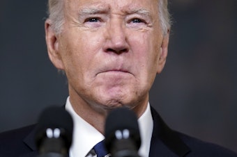 caption: President Biden is pictured at the White House on Oct. 10, giving remarks about the attack by Hamas on Israel.