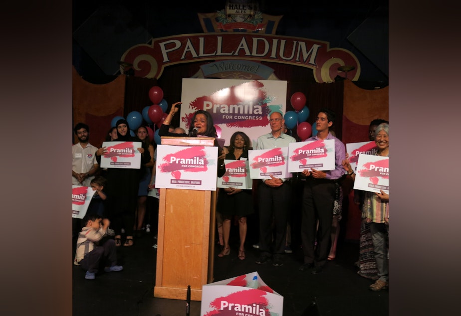 caption: Jayapal thanks supporters at Hale's brewery in Ballard on primary night.