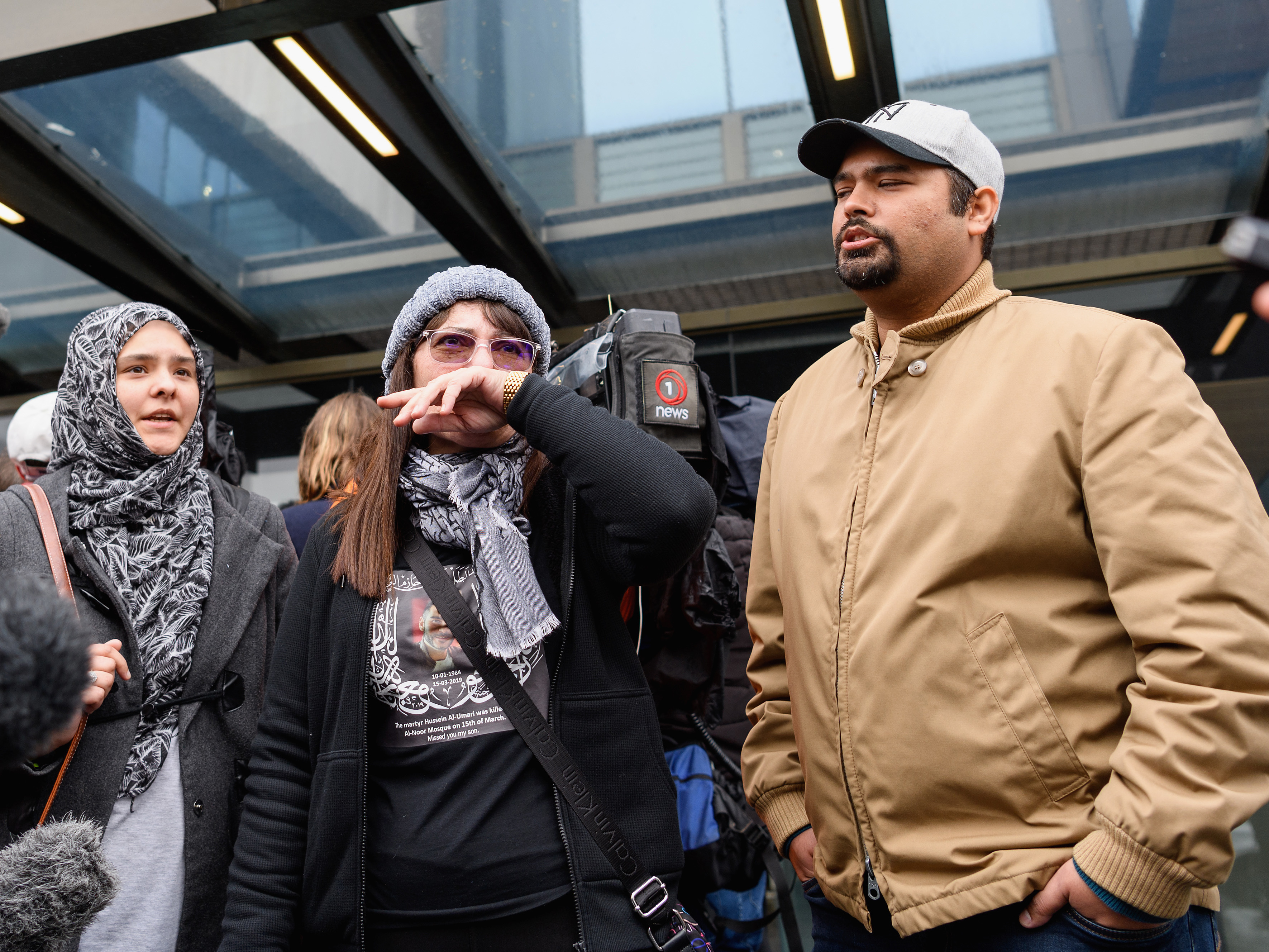 caption: Janna Zat, whose son Hussein al-Umari was killed at Al Noor Mosque, speaks to the media in front of Christchurch High Court on Friday in Christchurch, New Zealand.