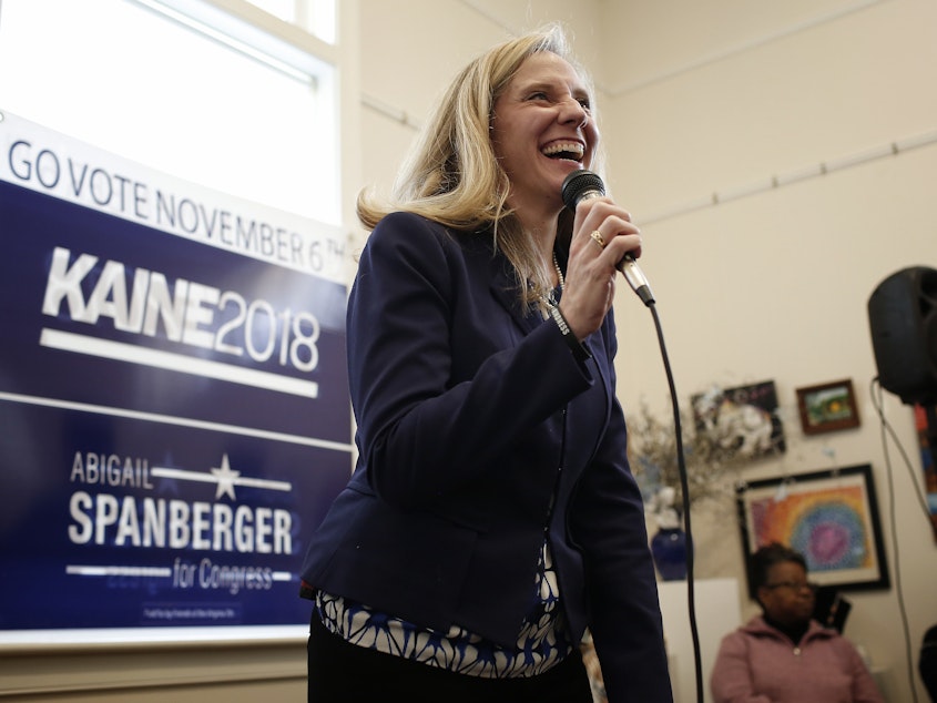 caption: Abigail Spanberger, Democratic candidate for Virginia's Seventh District in the House of Representatives, addresses supporters Thursday. She's one of 10 Democratic non-incumbent women running in toss-up districts.