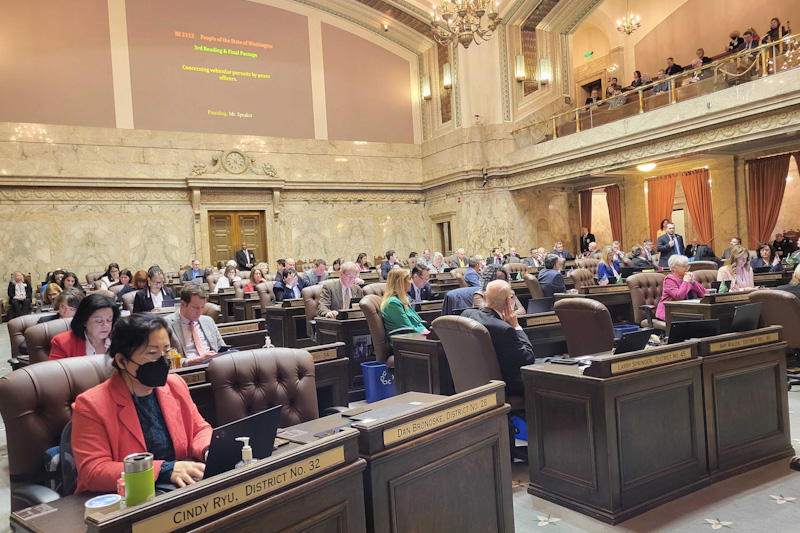 caption:  After the Senate approved three initiatives earlier in the day, Washington lawmakers in the House voted on Monday, March 4, 2024, to approve I-2113. The measure would ease certain rules around when police can engage in car chases, loosening new rules lawmakers put in place in 2021 and scaled back in 2023. 