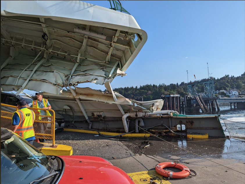 caption: The Cathlamet ferry crashed into the Fauntleroy terminal causing significant damage to the vessel and an offshore dolphin at the terminal, on Thursday, July 28, 2022, in Seattle.