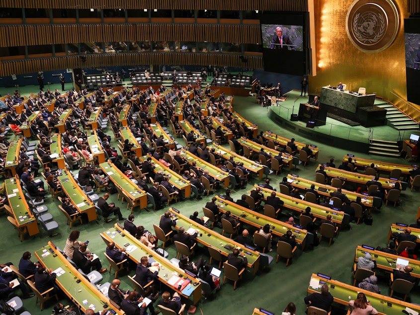 caption: U.N. Secretary-General Antonio Guterres makes a speech during the 76th session of United Nations General Assembly, in New York, United States on Tuesday.