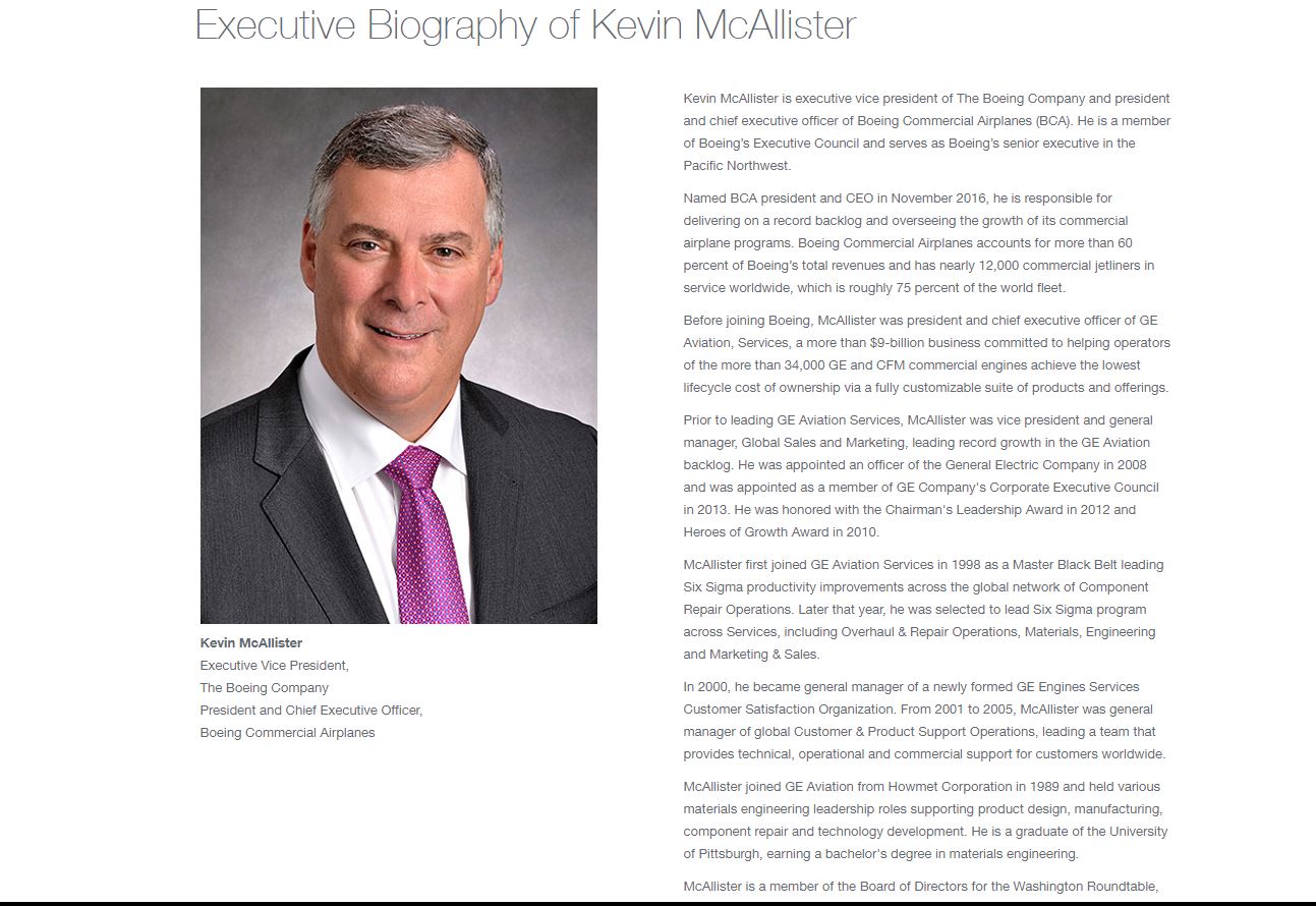 caption: The biography of Kevin McAllister, head of Boeing's Commercial Airplanes division until this week, as it appeared on Boeing's website Tuesday, October 22, 2019.