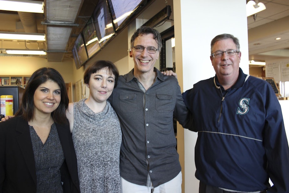 caption: L-R: Natalie Brand, Erica C. Barnett, Bill Radke, Chris Vance