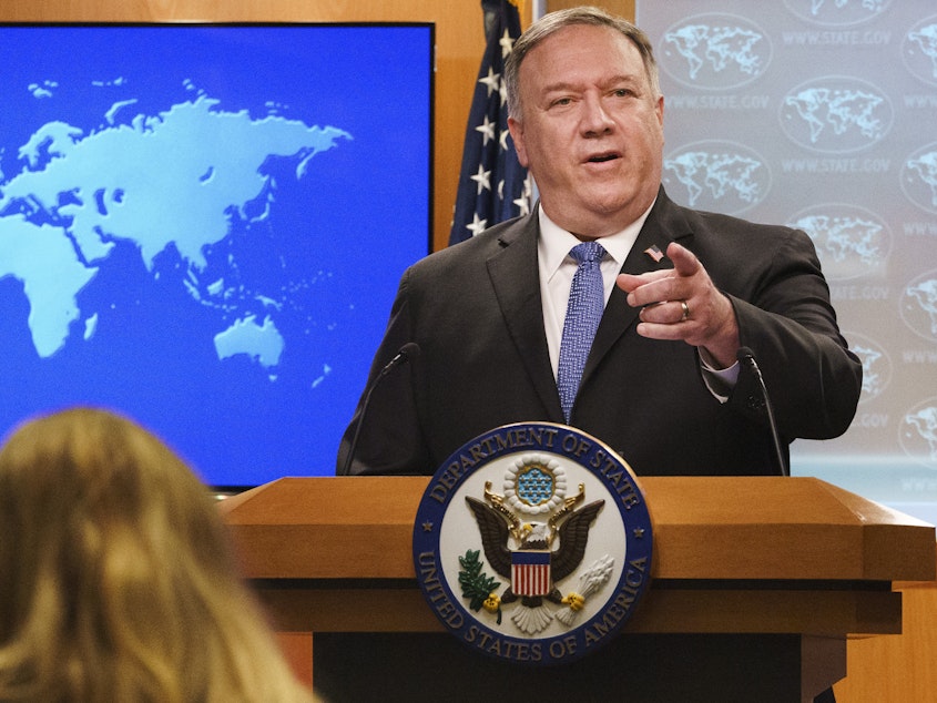 caption: Secretary of State Mike Pompeo speaks about the counting of votes in the U.S. election, at the State Department on Nov.. 10