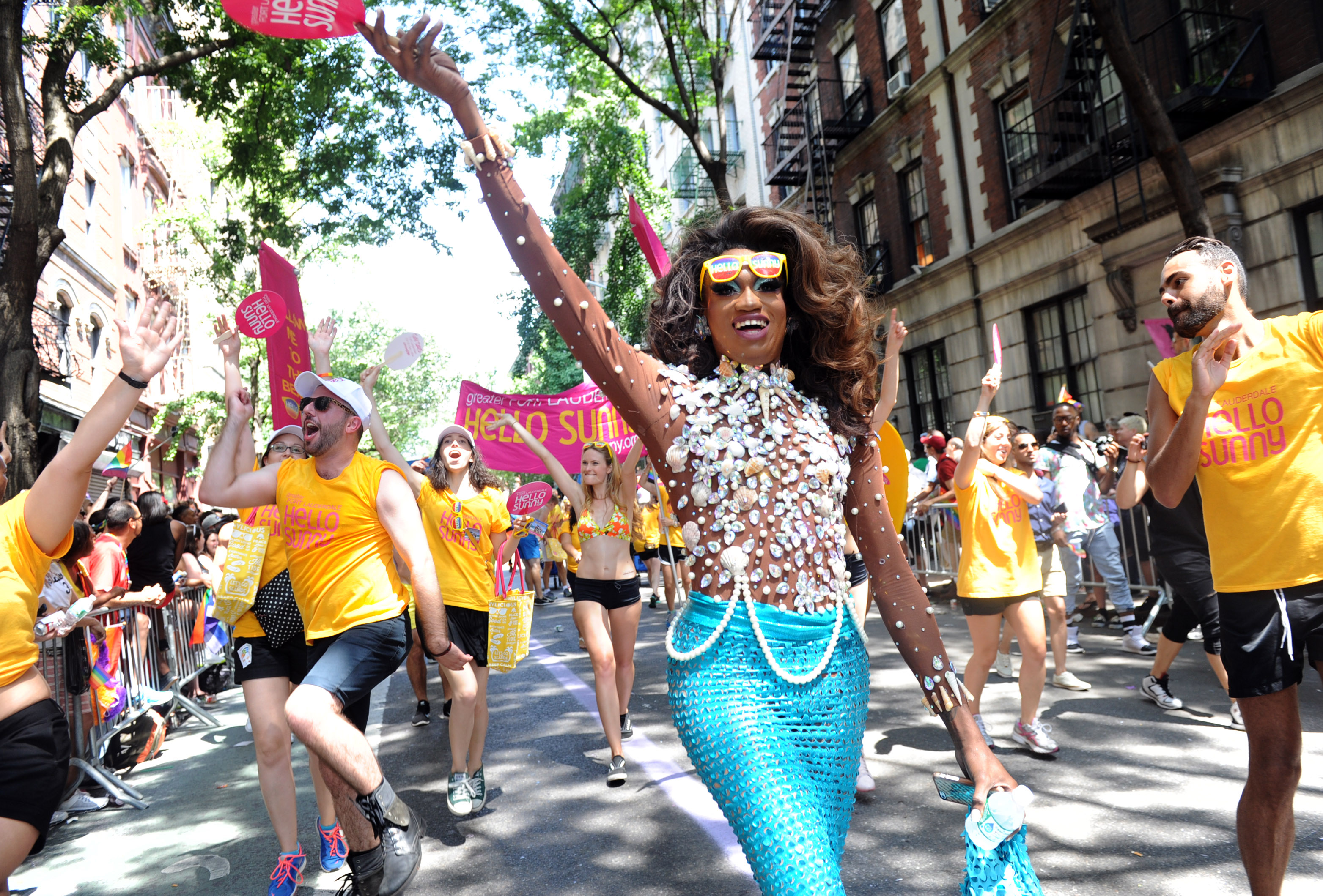 caption: Lashauwn Beyond, of Fort Lauderdale, Florida, featured in RuPaul's Drag Race and the face of the Greater Fort Lauderdale Convention & Visitors Bureau LGBT campaign, marches in the New York Gay Pride Parade in 2014.