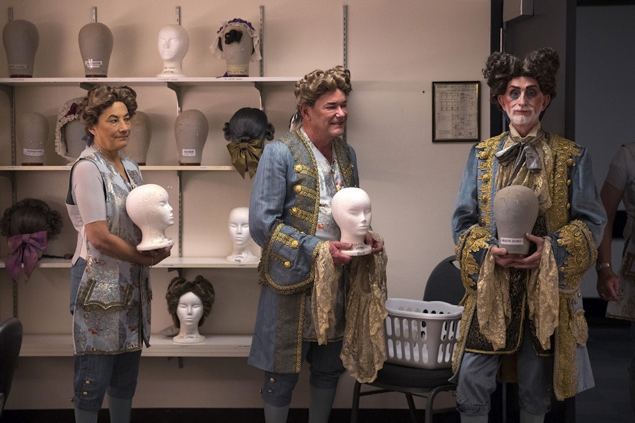 caption: From left, Pacific Northwest Ballet guest artists Kathy Del Beccaro, Martin Calhoun and Bruce Schickler wait in the hair and makeup room during Cinderella on Saturday, February 1, 2020, at McCaw Hall in Seattle.