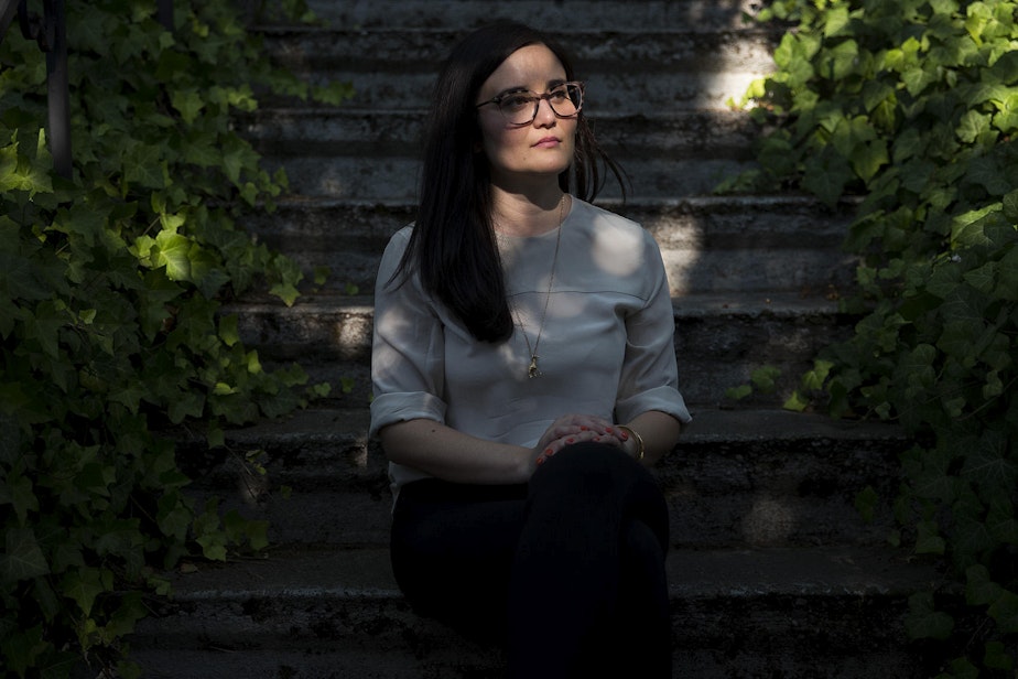 caption: Maria Leininger poses for a portrait on Monday, August 6, 2018, at her home in Seattle.