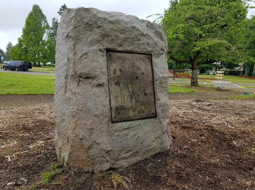 caption: The theft of a nearly 100-year-old commemorative plaque on Washington's Capitol Campus was first noticed on May 12.