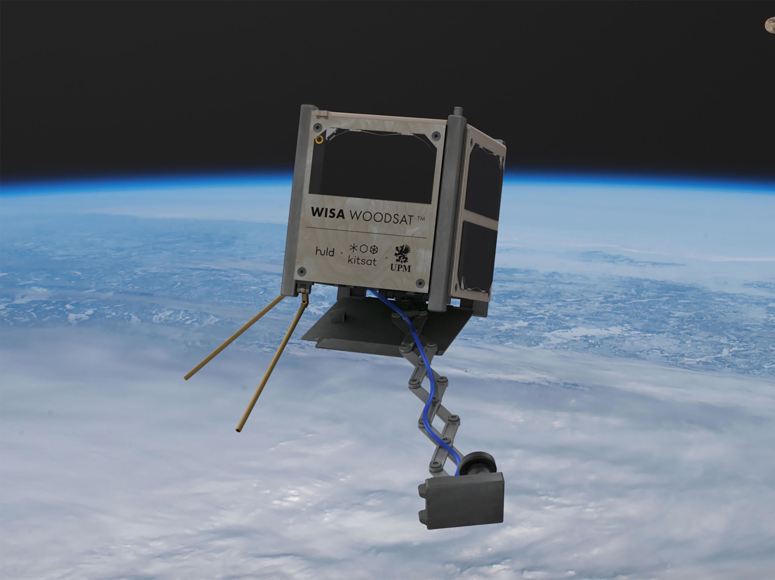 caption: WISA Woodsat, seen in an artist's rendering, is billed as the world's first wooden satellite. It's set to be launched from New Zealand before the end of the year.