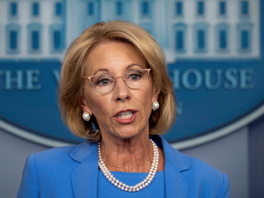 caption: Education Secretary Betsy DeVos, seen here during a White House briefing in March, will participate in a panel discussion Tuesday on how to reopen America's schools safely.