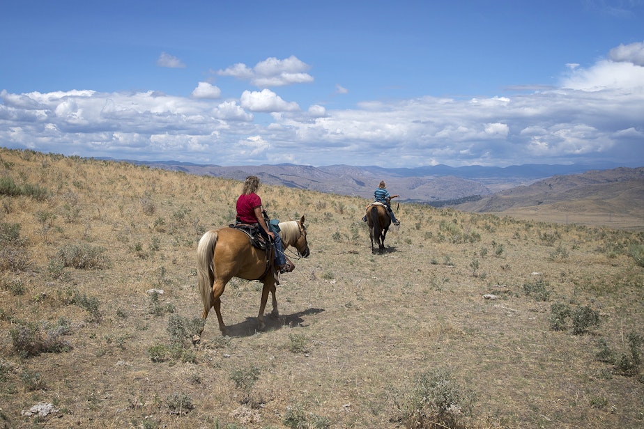 caption: Julie Hensley, left, and Sue Robbins ride their horses, Hot Rod and Mocha, near the ranch where Julie grew up, on Tuesday, July 16, 2019, near Brewster. 