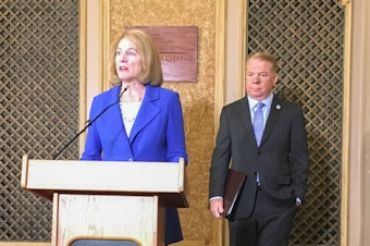 caption: Jenny Durkan speaks at the Paramount Theater after Mayor Ed Murray endorsed her for the Seattle mayor's race on Thursday, June 29, 2017.
