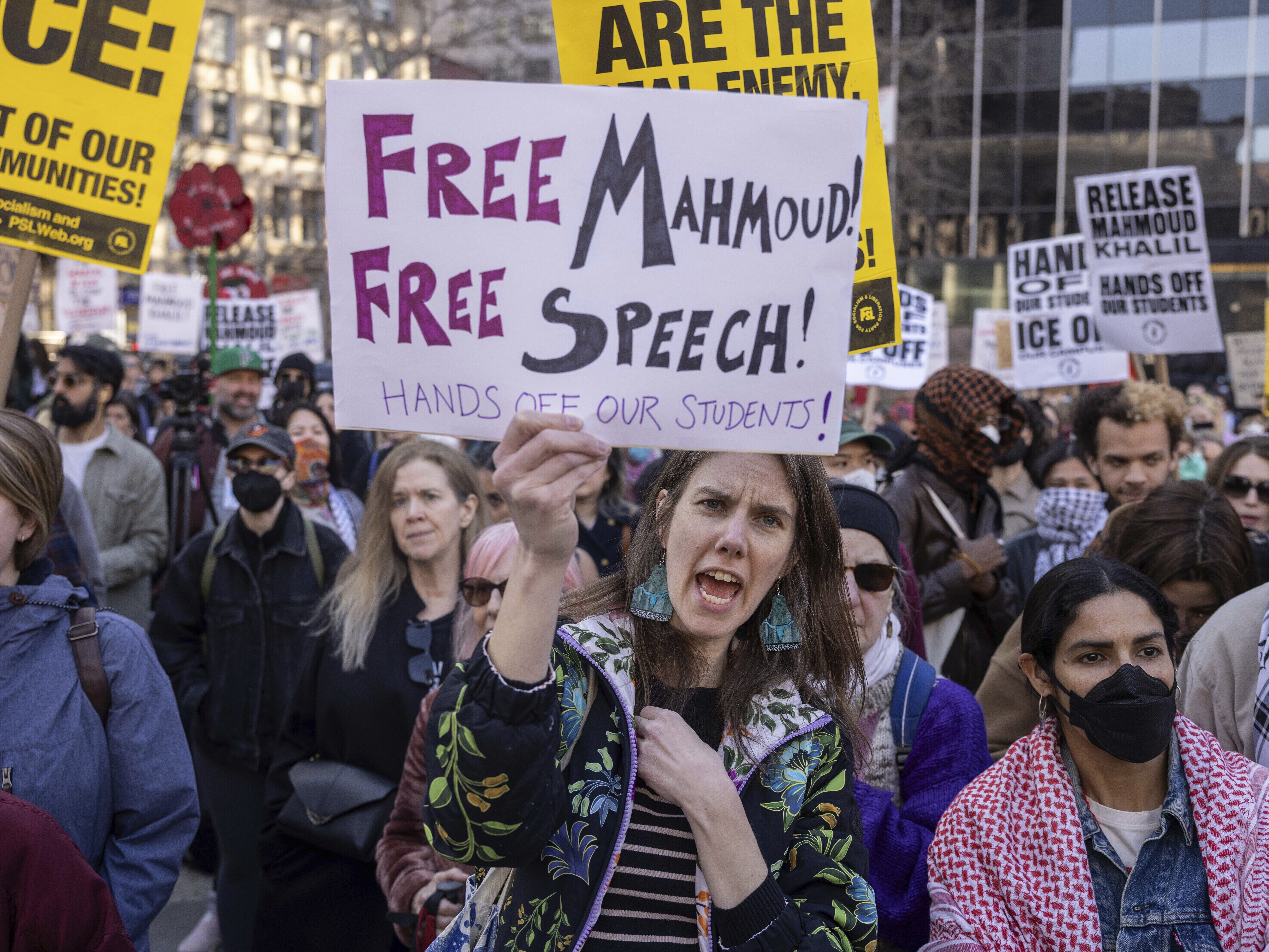 caption: Protesters attend a demonstration in support of Palestinian activist Mahmoud Khalil in New York City on March 10.