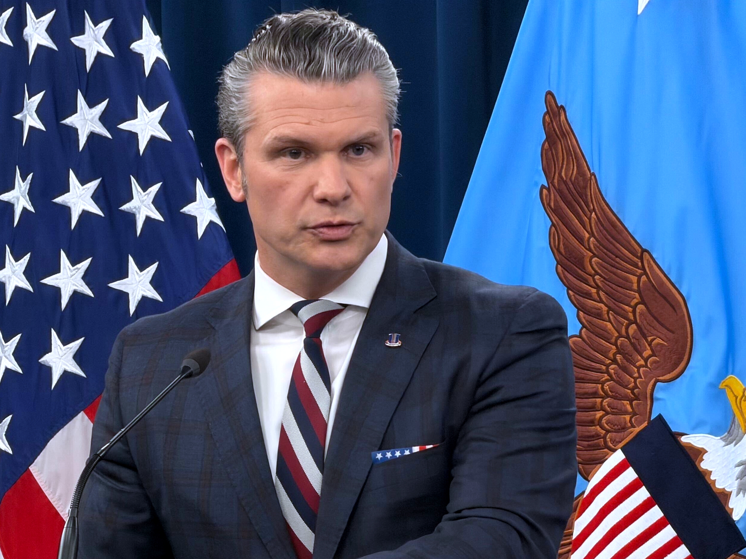 caption: Defense Secretary Pete Hegseth speaks during a press briefing at the Pentagon, Wednesday, March 4, 2026, in Washington.