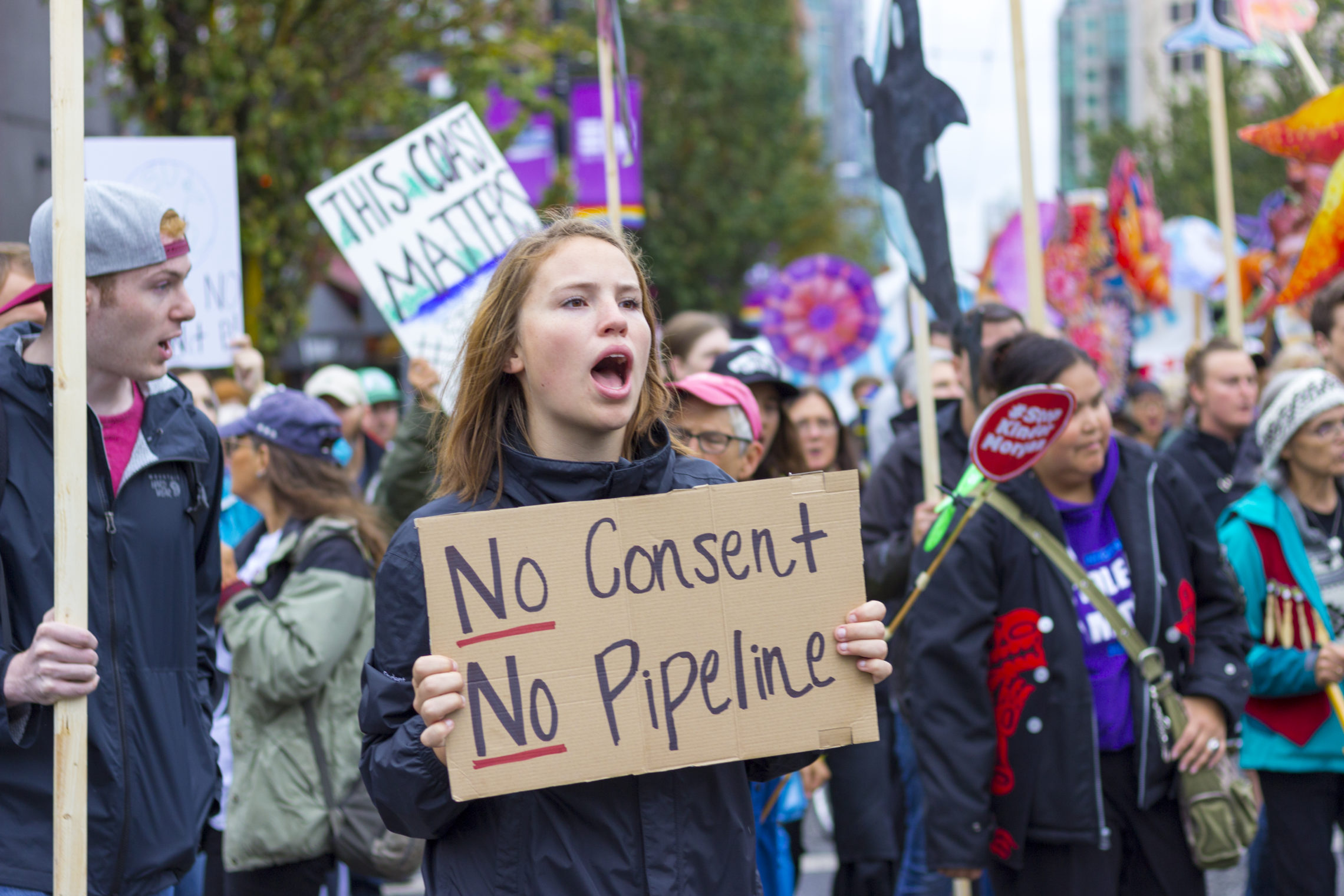 caption: A protester holds a sign stating during a Kinder Morgan (Trans Mountain) Pipeline rally on Sept. 9, 2017 in Vancouver, Canada. CREDIT: WILLIAM CHEN/WIKIMEDIA/CREATIVE COMMONS