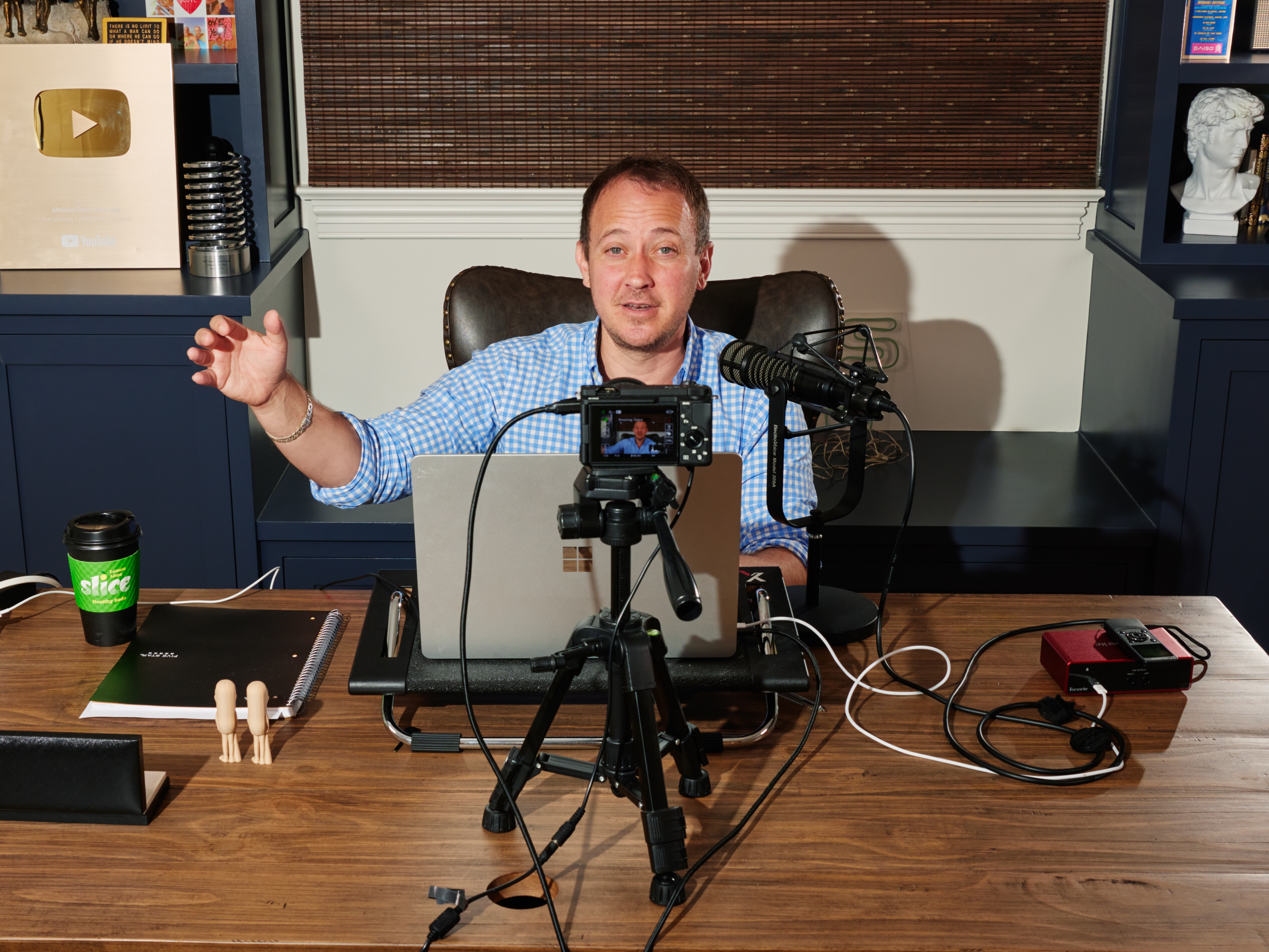 caption: Ben Meiselas in his home studio in Los Angeles. His left-leaning media outfit MeidasTouch has surged in Donald Trump's second term, appealing to progressives outraged by the president.