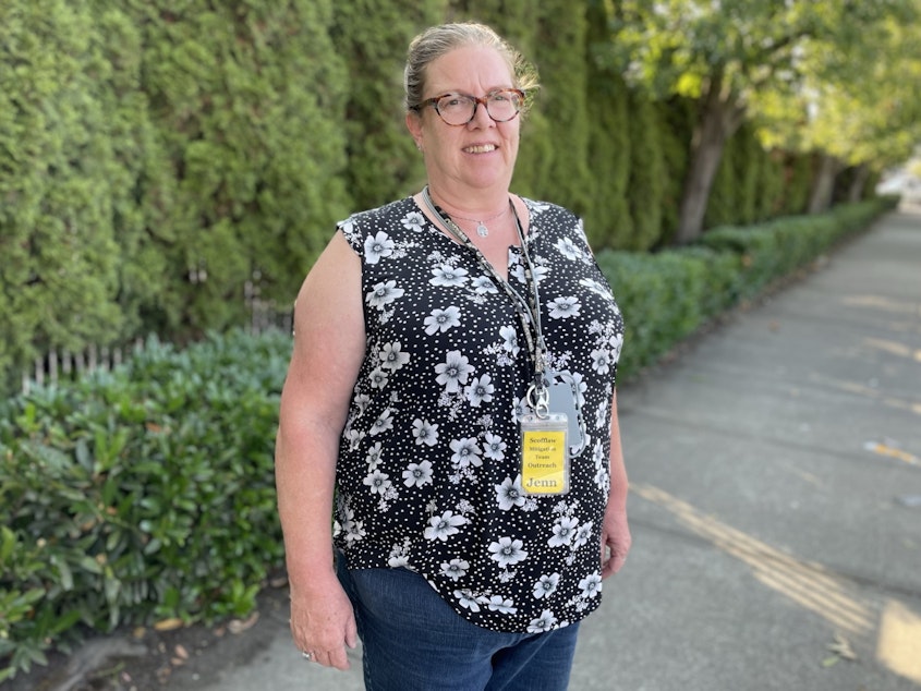 caption: Jenn Adams was living in her van when she met Jean Darsie. Today, she has stable housing and work doing the thing Darsie did to help Adams out of homelessness.