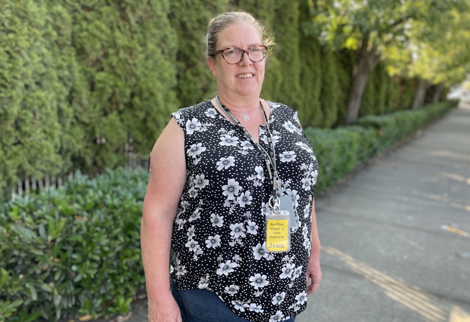 caption: Jenn Adams was living in her van when she met Jean Darsie. Today, she has stable housing and work doing the thing Darsie did to help Adams out of homelessness.