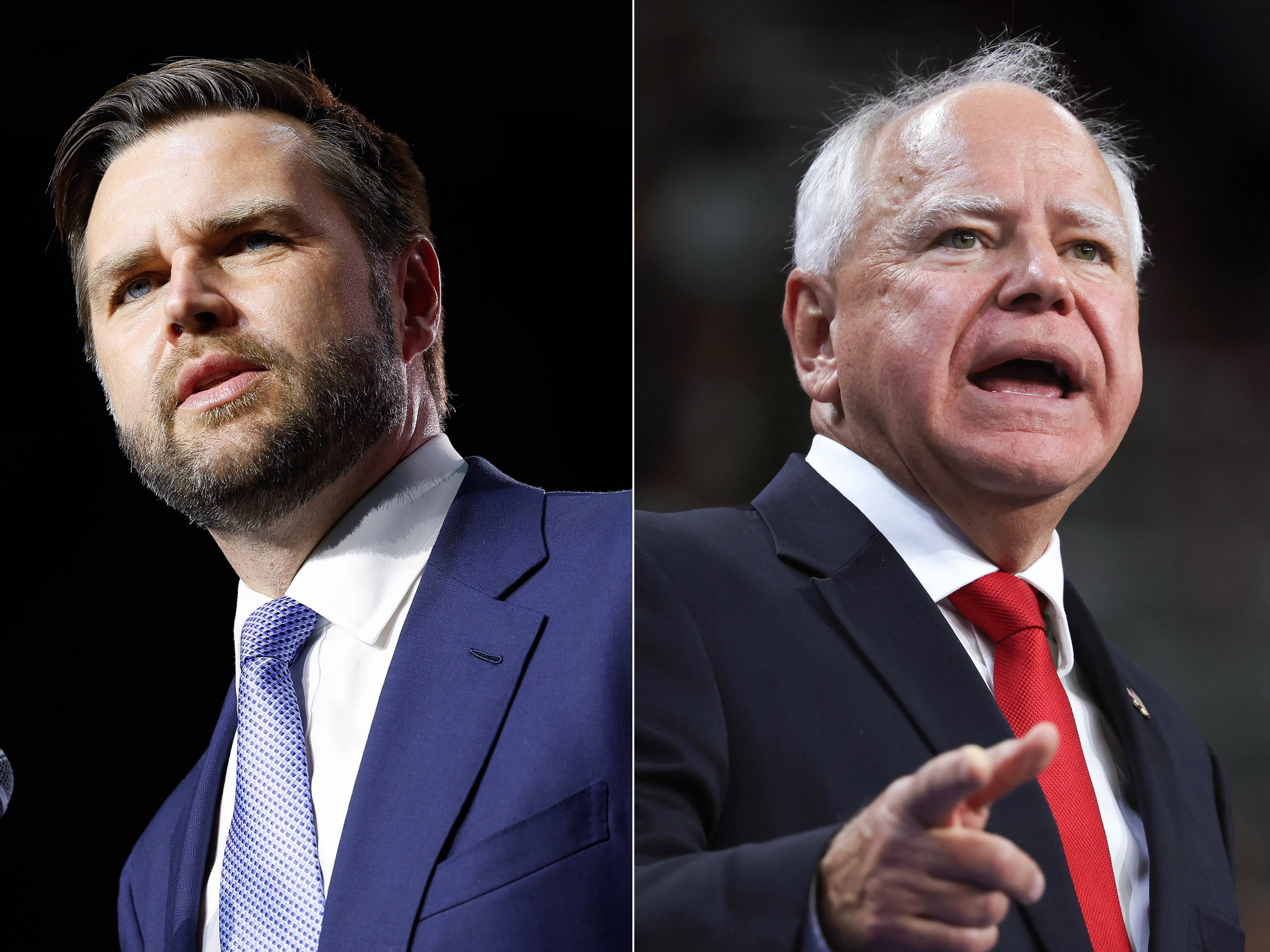 caption: Left: Republican vice presidential nominee Sen. JD Vance of Ohio speaks at a campaign rally on July 30 in Reno, Nevada. Right: Democratic vice presidential candidate Minnesota Gov. Tim Walz speaks during a campaign rally with his running mate, Vice President Harris, at the University of Las Vegas Thomas &amp; Mack Center on August 10 in Las Vegas.