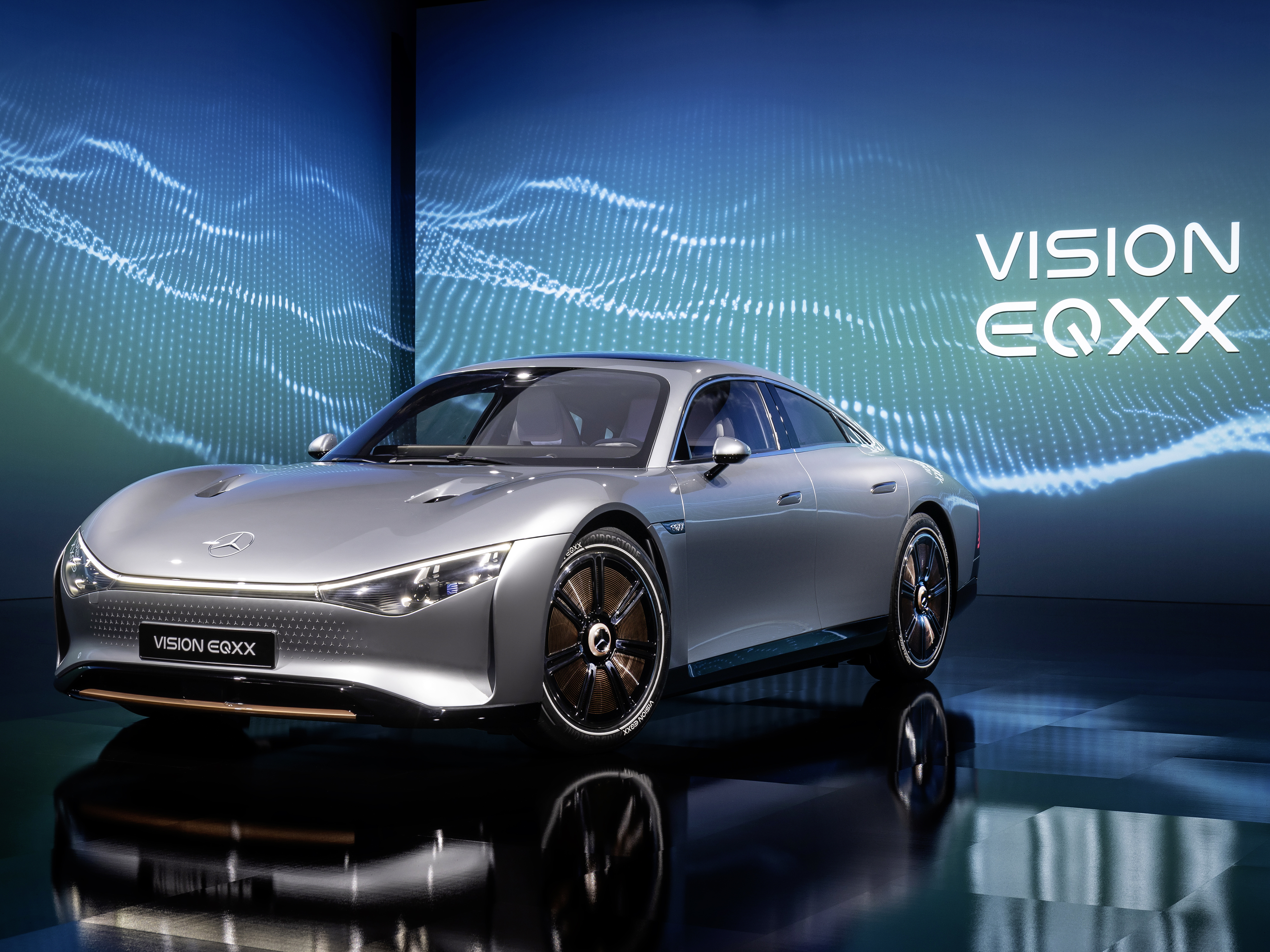 caption: Mercedes-Benz unveiled their electric vehicle concept car, the VISION EQXX.