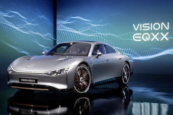 caption: Mercedes-Benz unveiled their electric vehicle concept car, the VISION EQXX.
