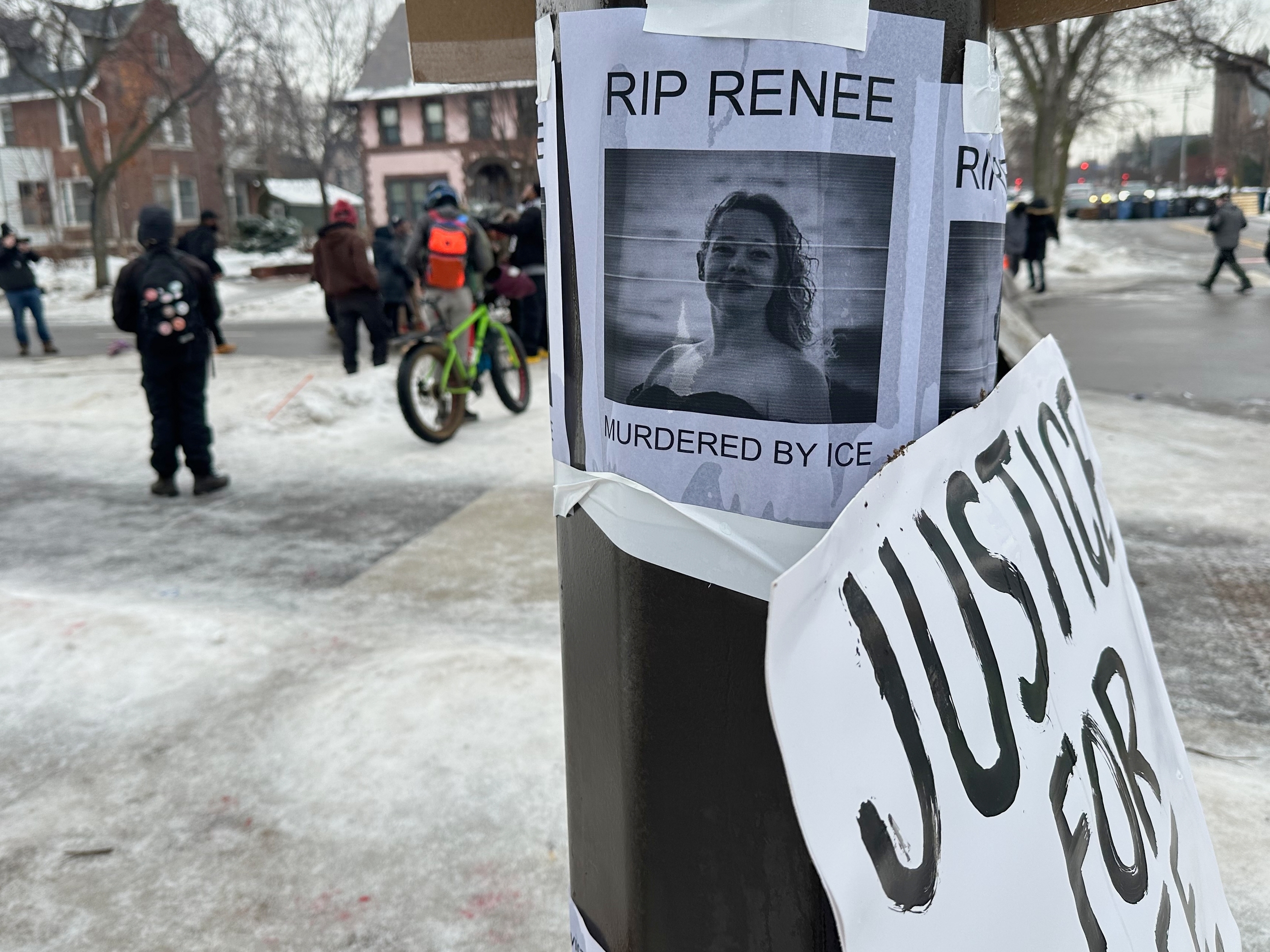caption: A makeshift memorial honoring the victim of a fatal shooting involving federal law enforcement agents is taped to a post near the site of the previous day's shooting, Thursday, Jan. 8, 2026, in Minneapolis, Minn.