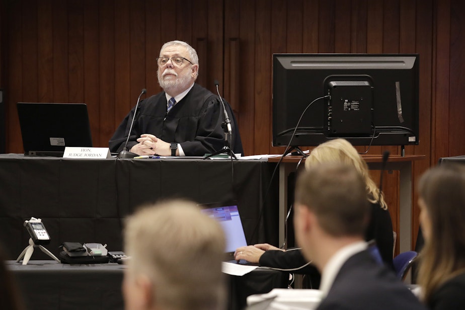 caption: Federal Administrative Law Judge George Jordan speaks as he begins a hearing to help determine whether a small American Indian tribe can once again hunt whales, Thursday, Nov. 14, 2019, in Seattle. The Makah Tribe, from the northwest corner of Washington state, conducted its last legal hunt in 1999, when its crew harpooned a gray whale from a cedar canoe.